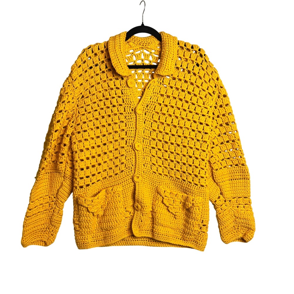 Handmade Crochet Cardigan Size L Boxy Granny‎ Loose Knit Button Front Boho